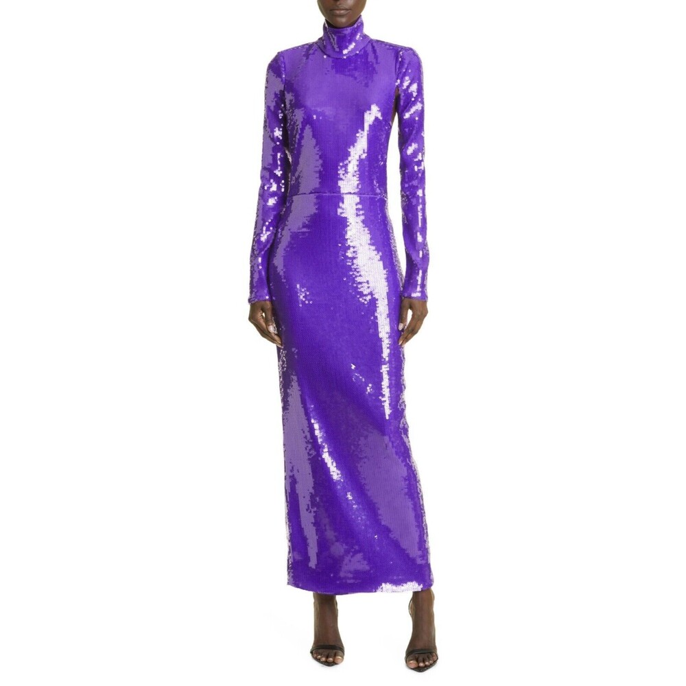 $3125 LaQuan Smith Long Sleeve Open Back Sequin Gown Evening Maxi Dress Size XL